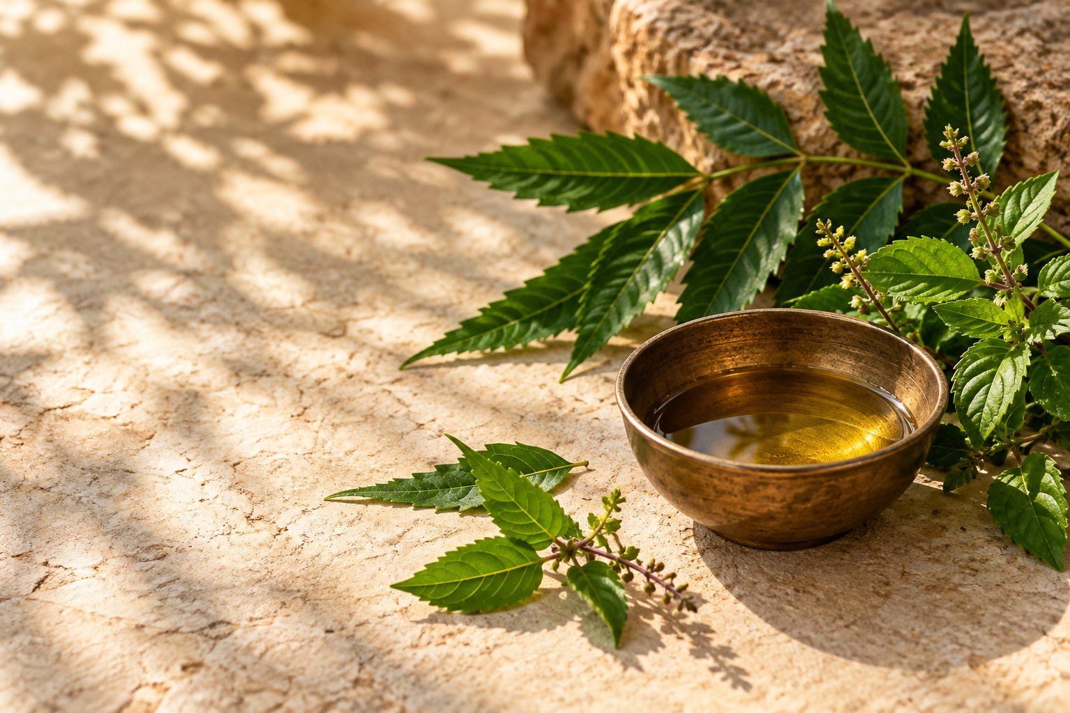 Botanical still life with fresh leaves and Ayurvedic oil